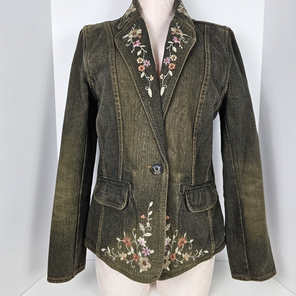 Sold Apostrophe Embroidered Denim Blazer Jacket Women’s Size 8 Floral Western